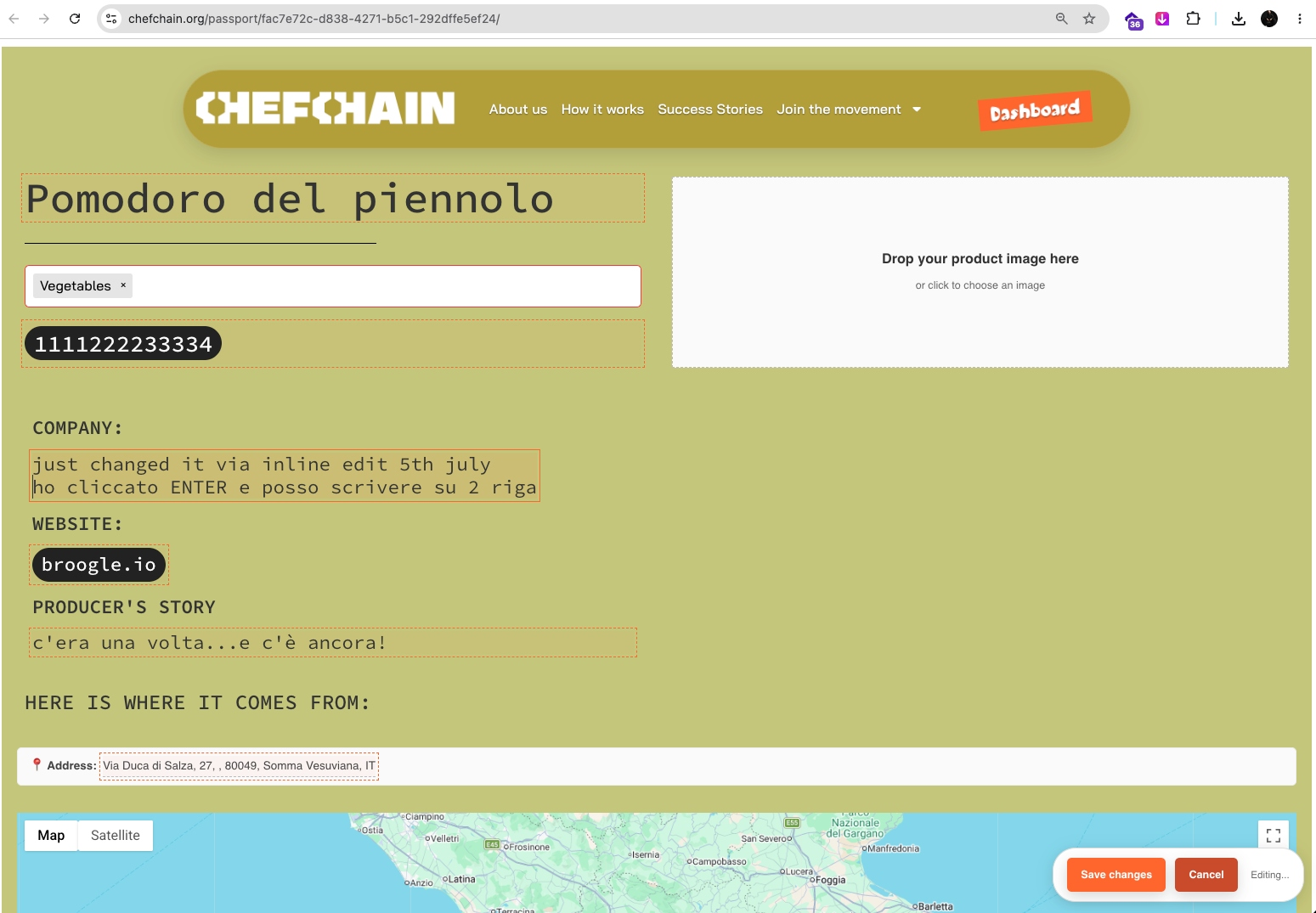 ChefChain page with inline content editing