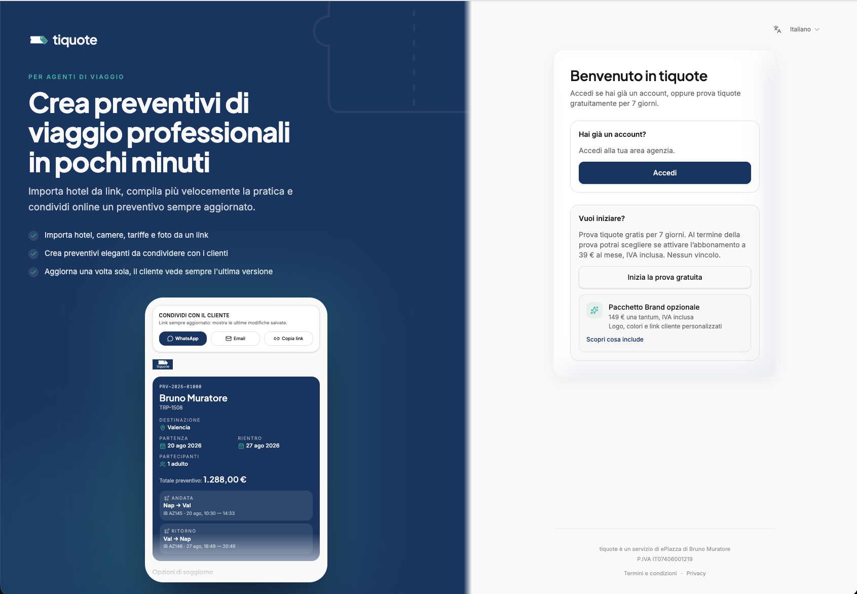 Tiquote interface for managing travel quotes