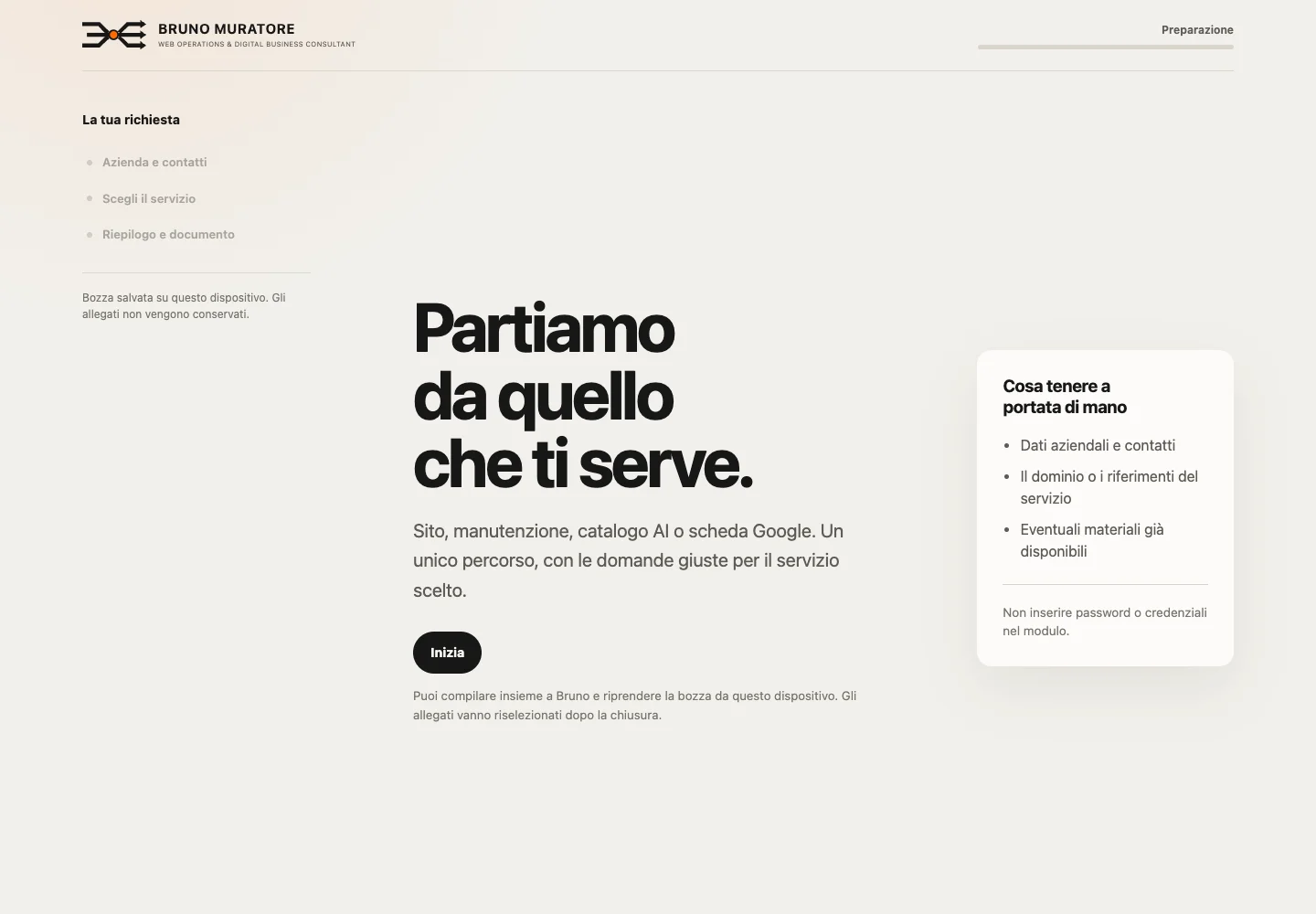 Schermata iniziale di Start: preparazione della richiesta e passaggi del progetto